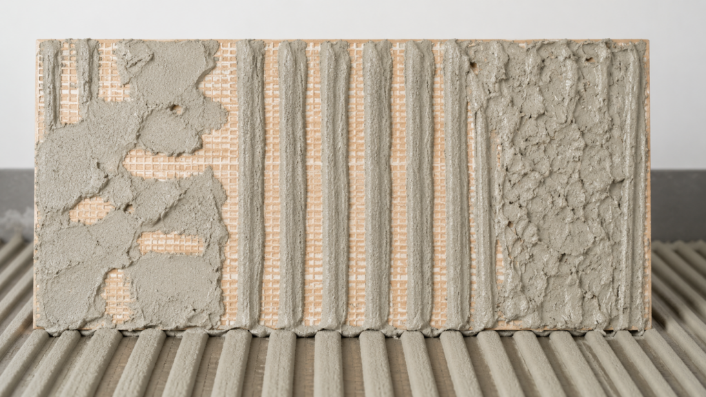 Check the adhesive coverage underneath the tile.