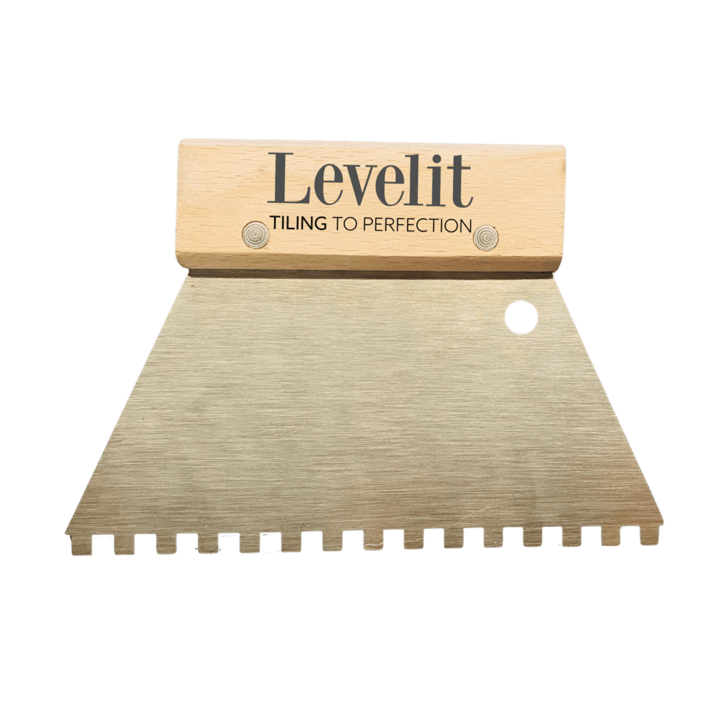 Levelit 180 mm stainless steel notched trowel for smaller tiled surfaces.
