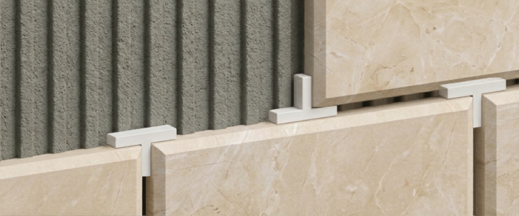 T-shaped tile spacers between wall tiles